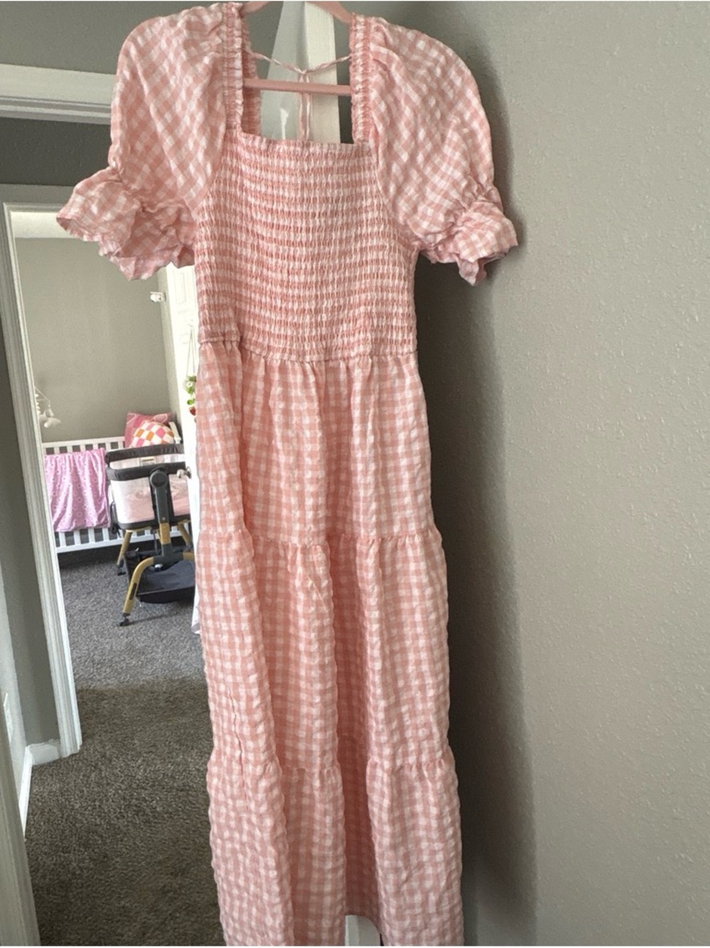 Pink Gingham Smocked Puff-Sleeve Casual Midi Dress